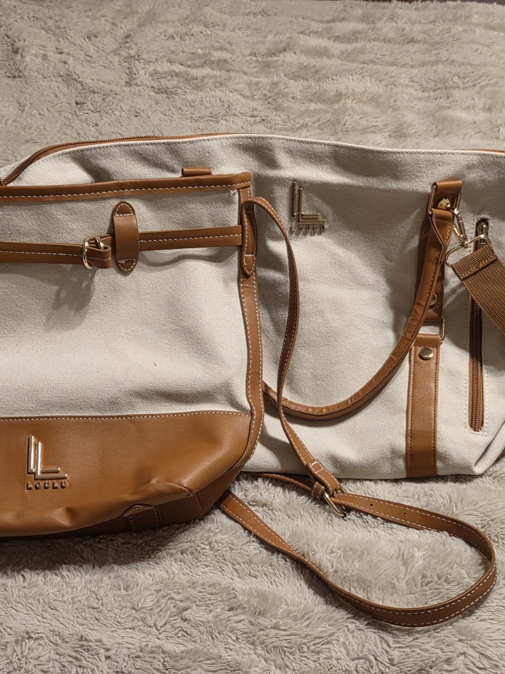 loulu Tan & Cream Canvas crossbody purse and matching duffle bag